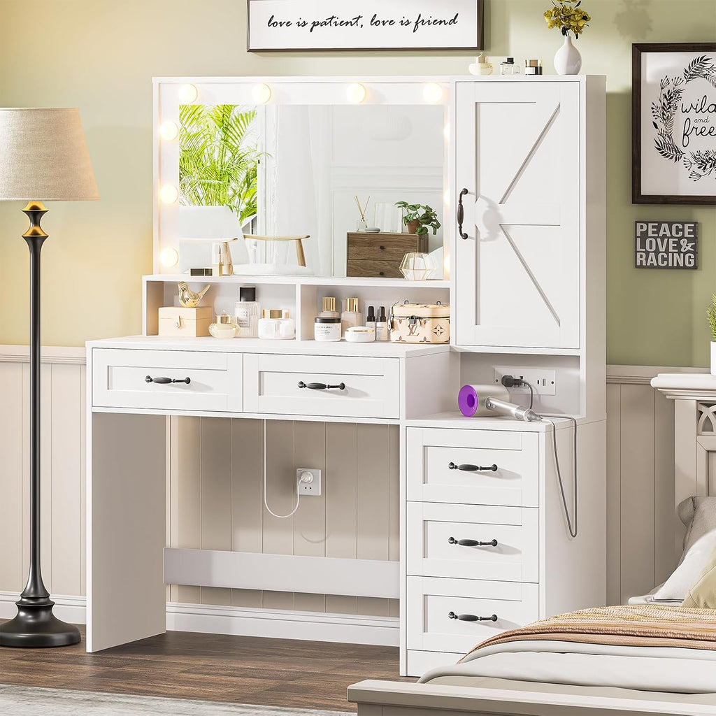 Farmhouse Makeup Vanity with Lighted Mirror, 45.3'' Vanity Desk with Charging Station, 5 Drawers & Open Shelves, Vanity Table Makeup Desk with 1 Cabinet & 9 Hooks for Bedroom (White)