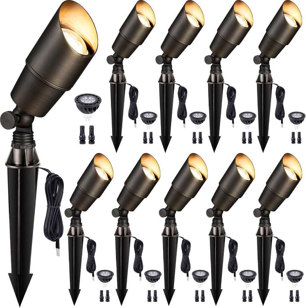 Gardenreet LED Low Voltage Spotlight - 12V AC/DC Bronze Outdoor Light Fixture, Brass Landscape Lights Hardwired, Weather Proof for Wall Wash Flag with Warm White MR16 Removable Bulbs (10 Pack)