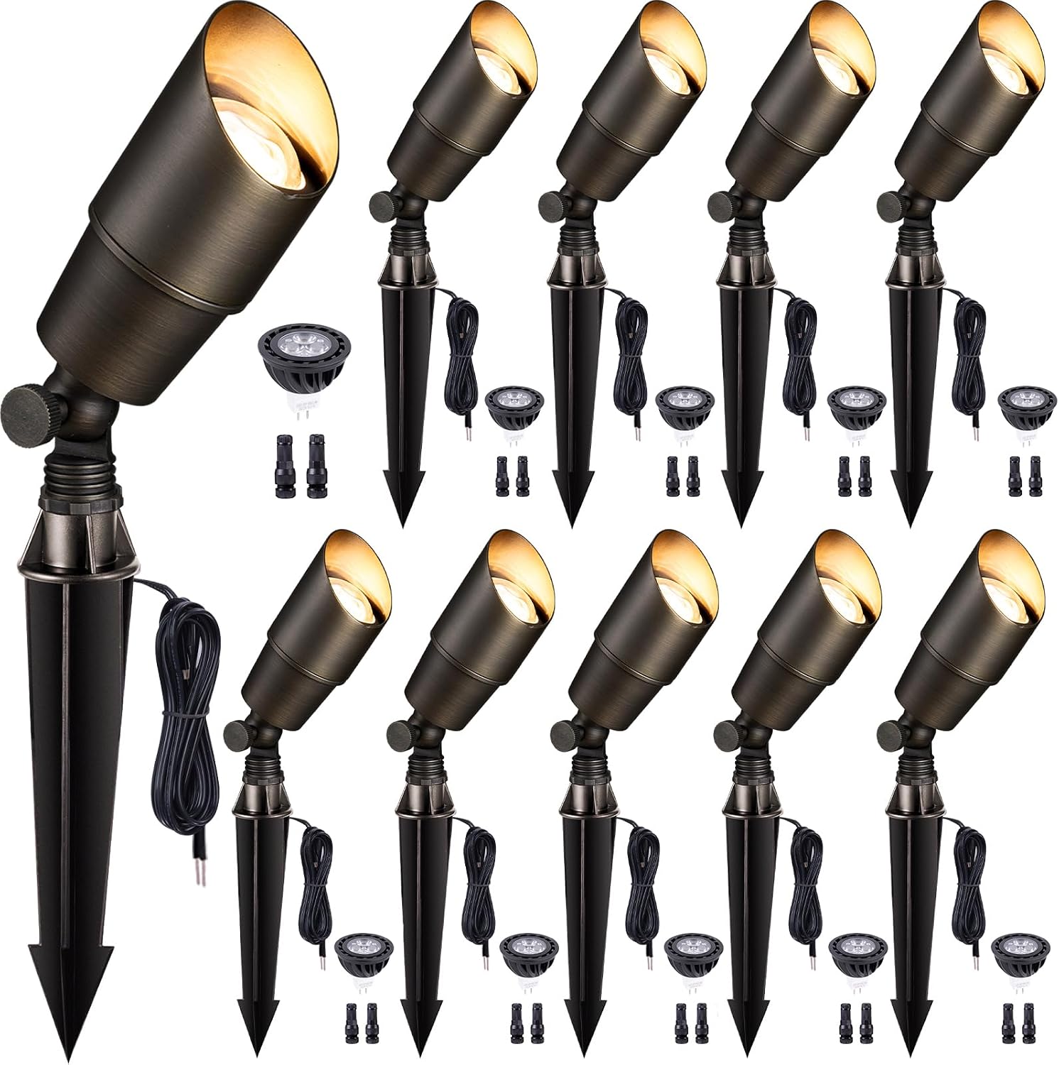Gardenreet LED Low Voltage Spotlight - 12V AC/DC Bronze Outdoor Light Fixture, Brass Landscape Lights Hardwired, Weather Proof for Wall Wash Flag with Warm White MR16 Removable Bulbs (10 Pack)