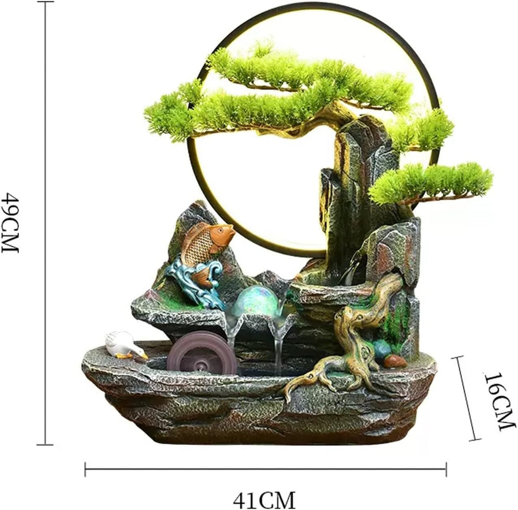 Desktop Fountain Tabletop Fountain Resin Mountain Stone Waterfall Cascading with Round LED Lights and Fake Trees Home Office Decoration Small Table Lamp