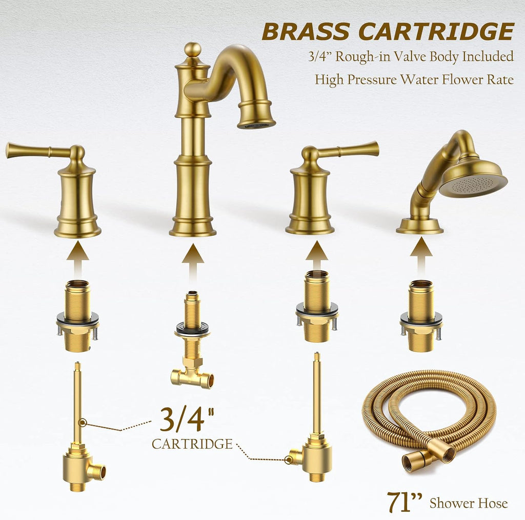 Roman Bathtub Faucet Set With Hand Shower 4 Hole Deck Mount Tub Filler With Diverter, 2 Lever Handle Rough-in Valve and Water Supply Lines Included for Bathroom Tub, Brushed Gold