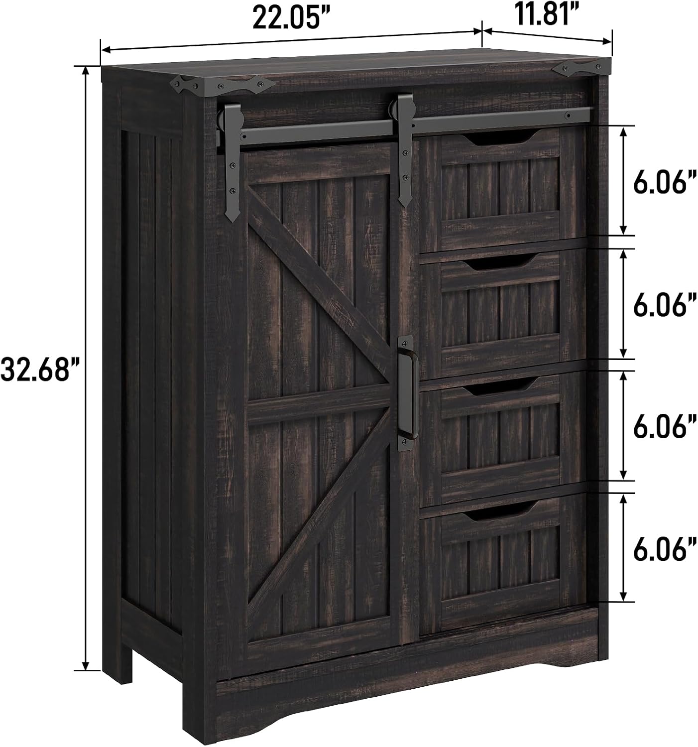 Halitaa Farmhouse Bathroom Floor Storage Cabinet with 4 Drawers, Bathroom Cabinet with Sliding Door, Rustic Storage Organizer for Kitchen, Living Room, Rustic Style, Black Oak