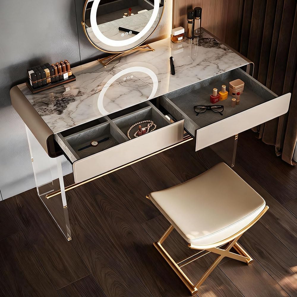 CHSSIH Vanity Stool Chair for Makeup - Small Backless Leather Stool for Vanity - Modern Ottoman Bench Seat with Metal X Legs, Footstool for Bathroom & Living Room - Gold