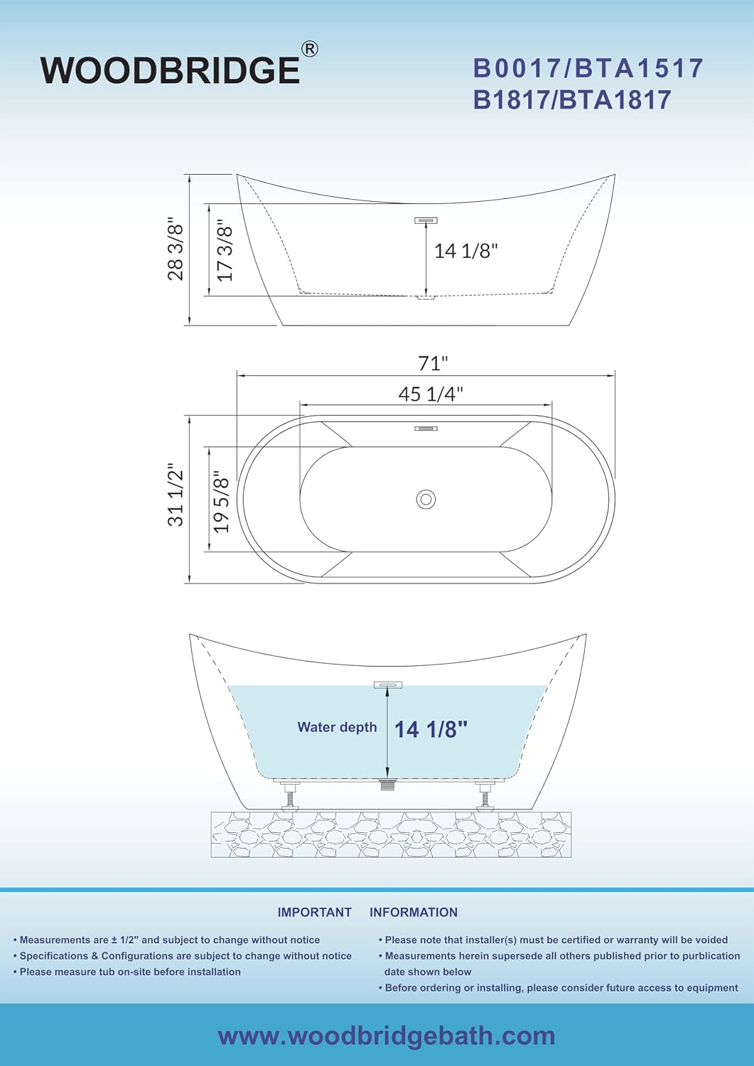 WOODBRIDGE 71'Freestanding White Acylic Soaking Bathtub with Chrome Drain and Overflow,B0017 C