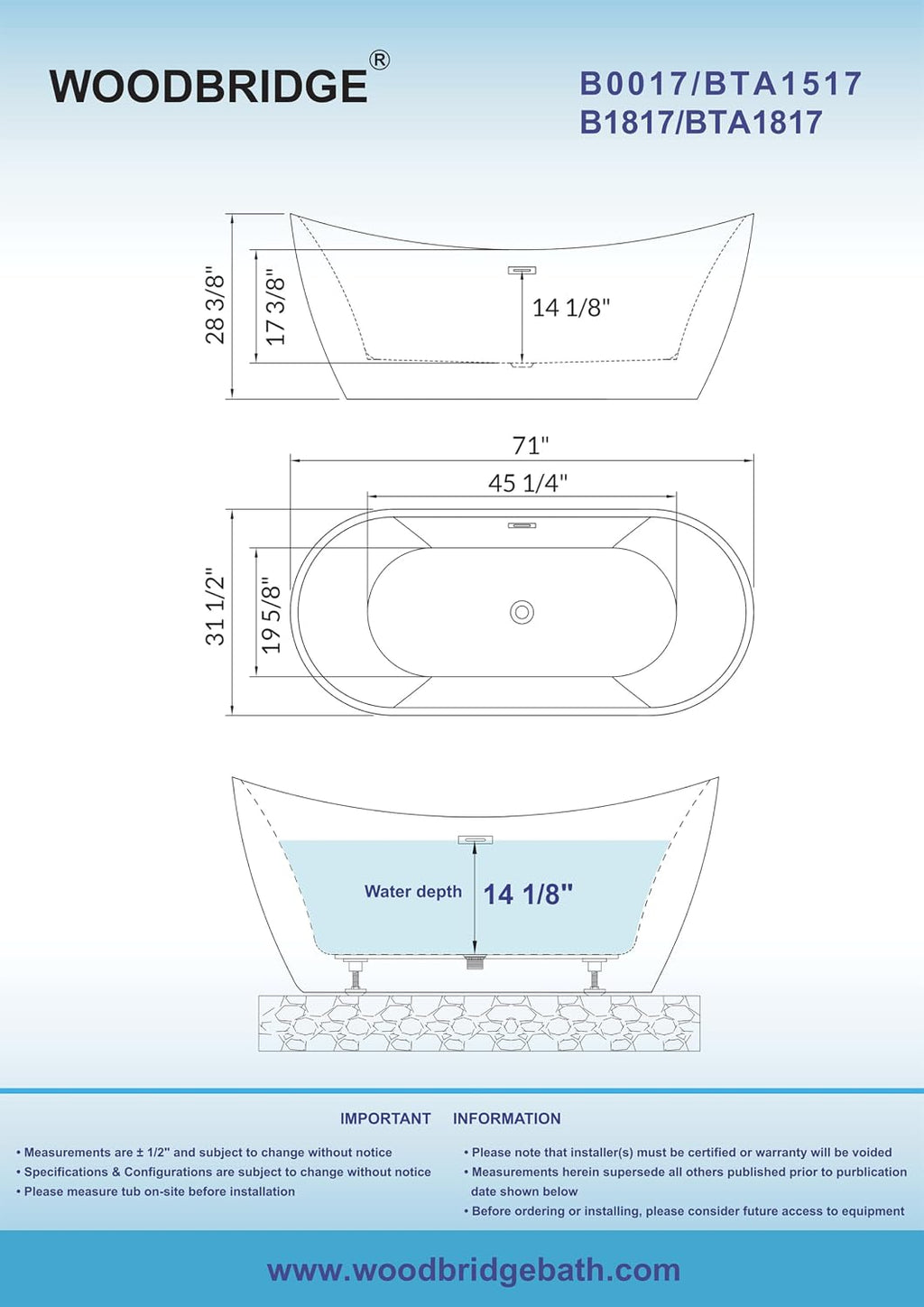 WOODBRIDGE 71' Acrylic Freestanding Bathtub Contemporary Soaking White Tub with Oil Rubbed Bronze Overflow and Drain,B0017-ORB
