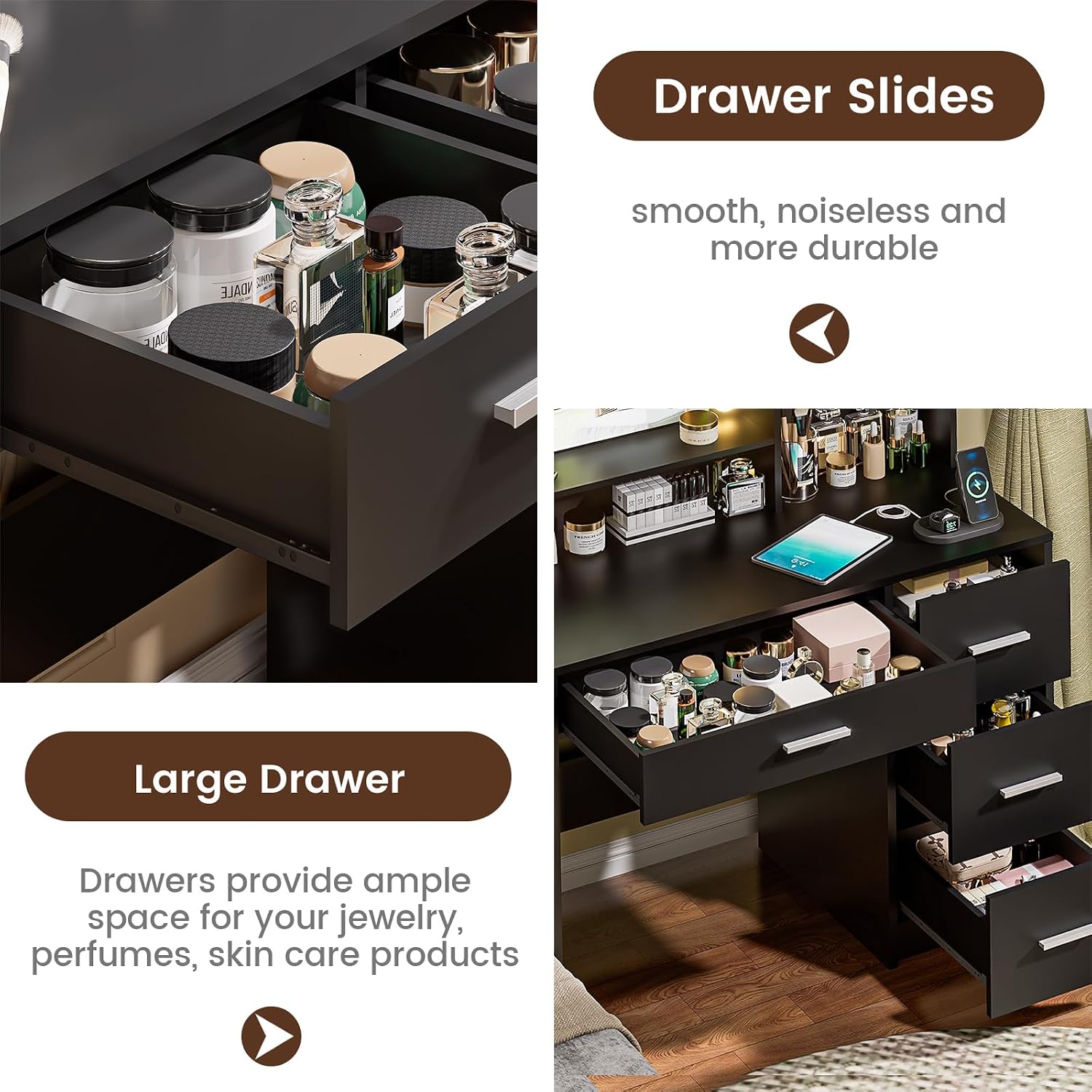 DINGIPP Vanity Desk with Lighted Mirror and Charging Station, Makeup Vanity with 4 Drawers & Storage Shelves,Makeup Desk 3 Color Lights Modes Available, Bedroom Dressing Table for Women, Girls