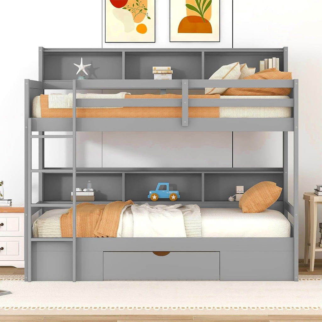 RUNNA Unique Solid Wood Bunk Bed with Storage Drawer and Built-in Shelves,Twin Size Bunk Bed with Safeguard Railings and Ladder,for Kids Teens Bedroom Use (Gray#q)