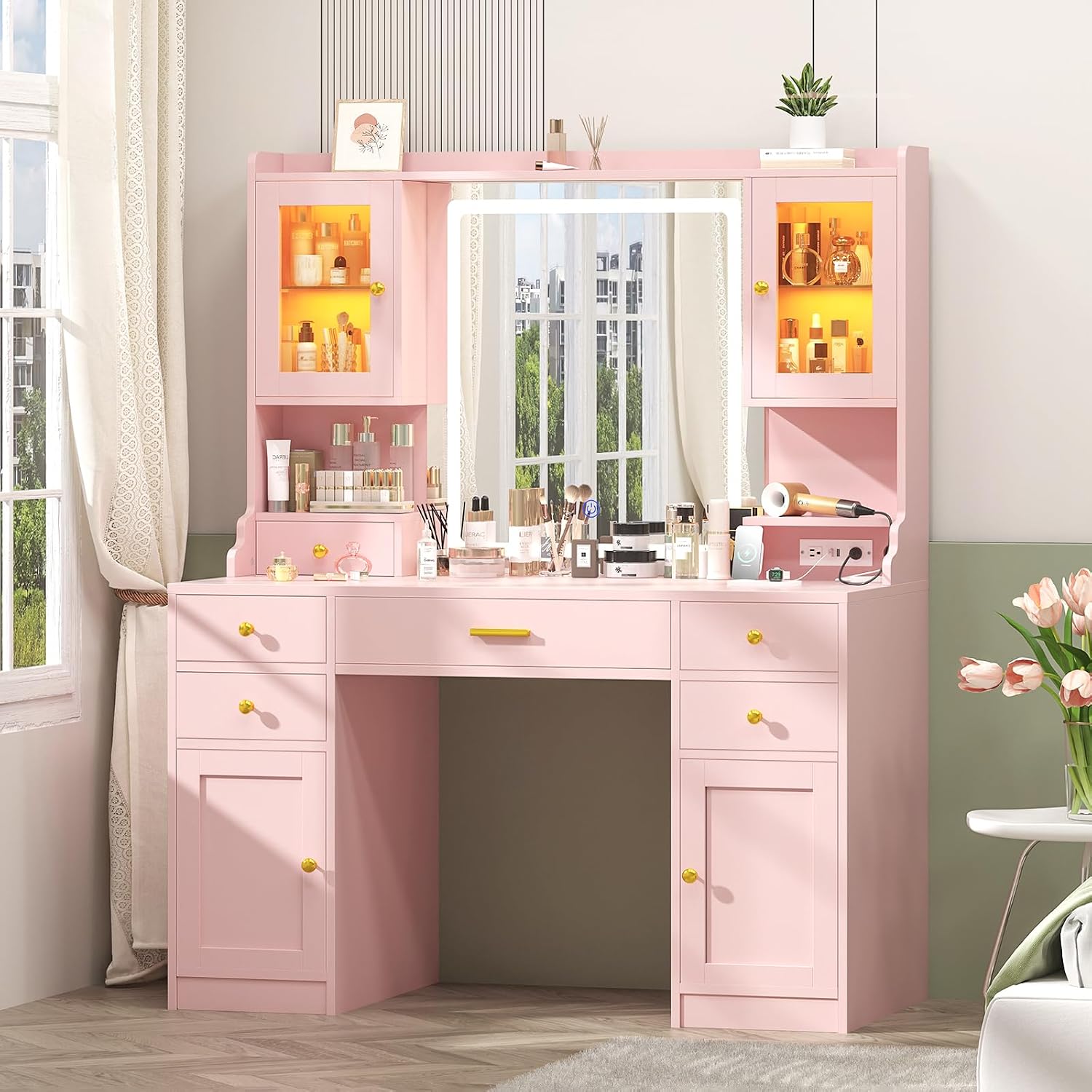 Vanity Desk with Mirror and Lights, Makeup Vanity Table with Power Outlet, Dressing Vanity Table Set with 6 Drawers & 4 Cabinets, 3 Color Modes & Brightness Adjusted, for Bedroom Room, Pink