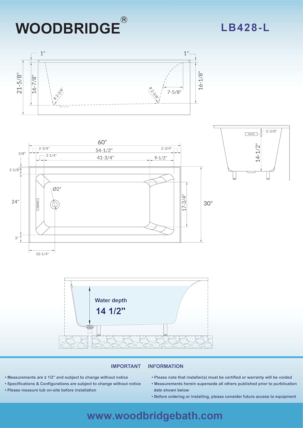 WOODBRIDGE 60' Acrylic Rectangular Alcove Soaking Bathtub in White with Left Drain, Oil Rubbed Bronze pop-up Drain Included, LB428-L