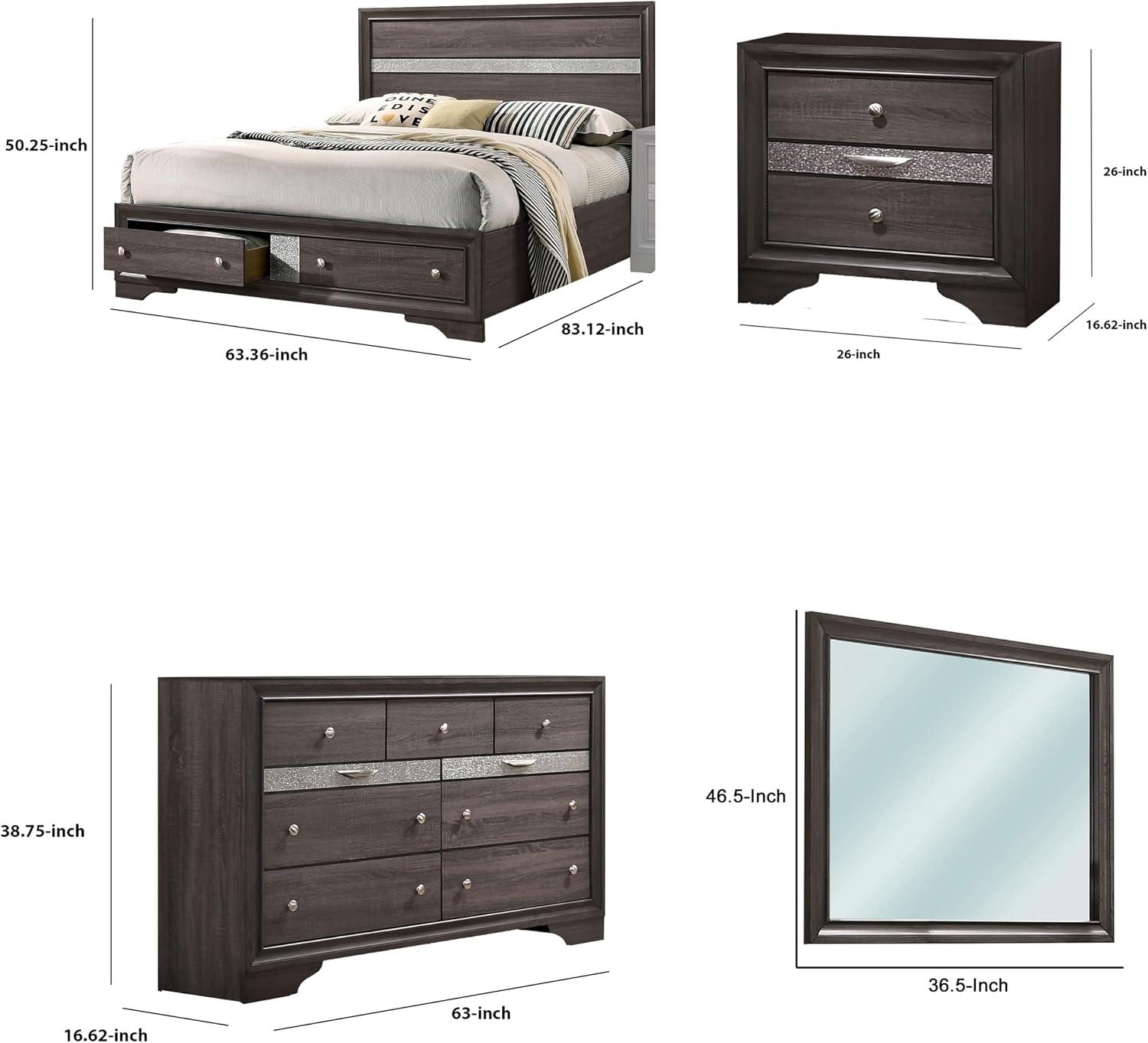 Benjara ISY Four PC Queen Size Bedroom Set-Silver Accent Knobs-Contemporary Gray