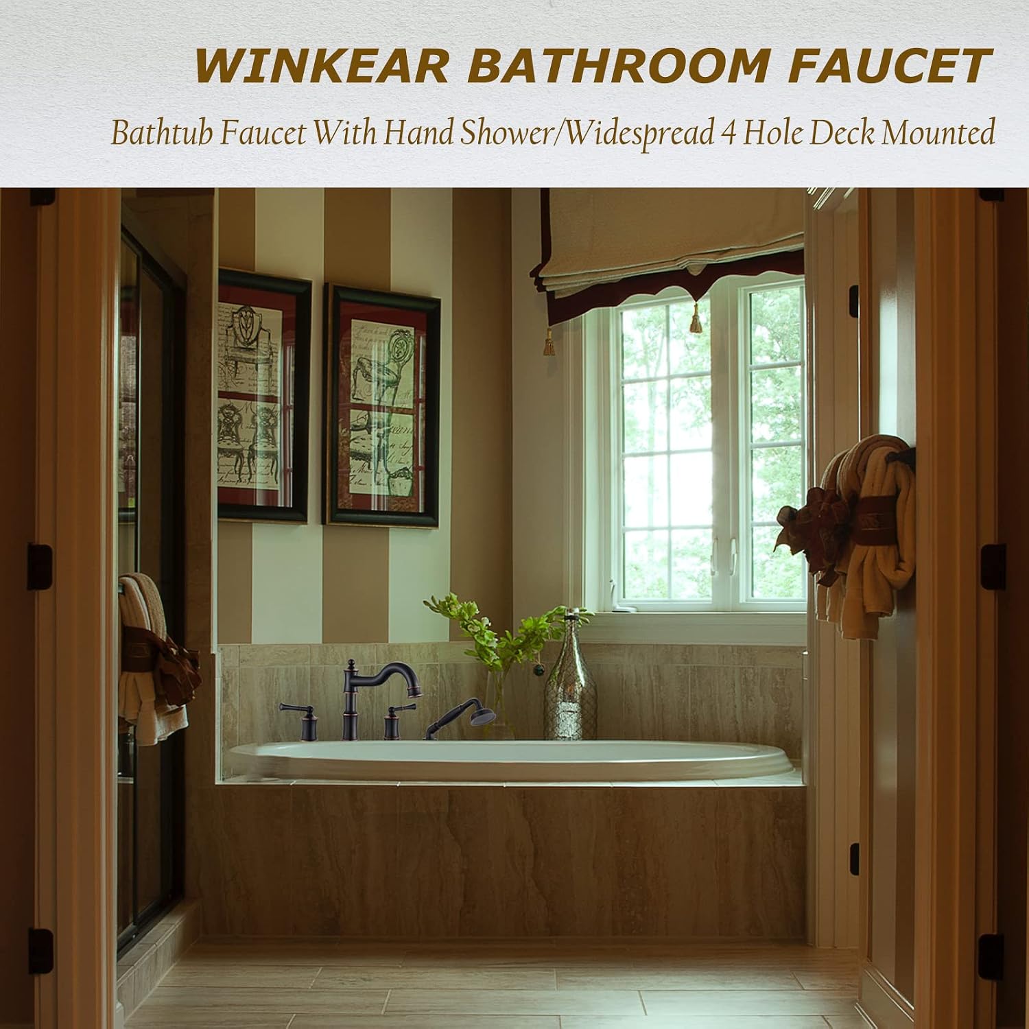 Roman Bathtub Faucet Set With Hand Shower 4 Hole Deck Mount Tub Filler With Diverter, 2 Lever Handle Rough-in Valve and Water Supply Lines Included for Bathroom Tub, ORB