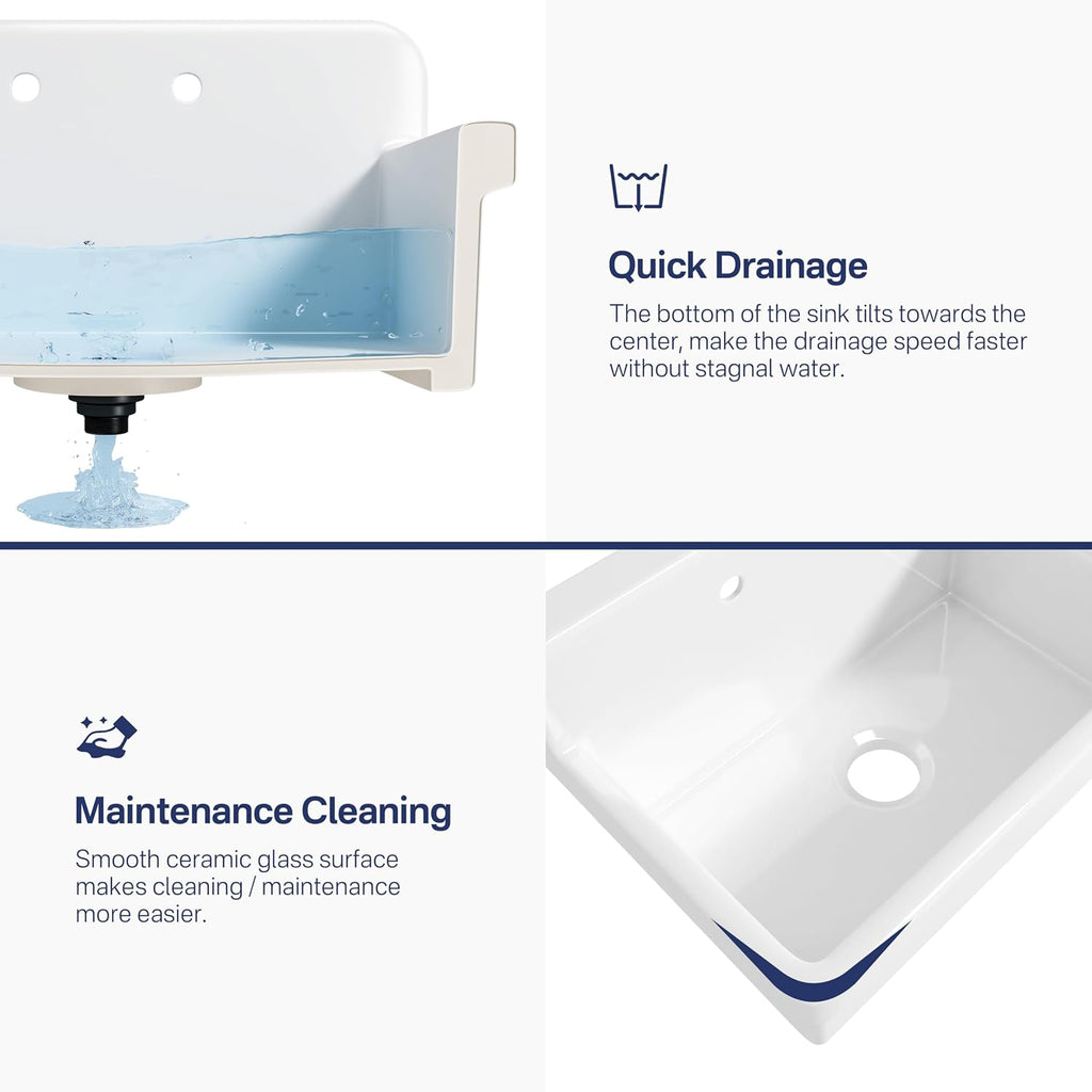 Eridanus 30 Inch Utility Sink, Wall Mount Laundry Sink, Modern Bathroom Basin, Farmhouse Kitchen Sink Drop-in, Floating Porcelain Ceramic Tub High Back for Garage, Washing Room, Workshop 30'x19'x17'