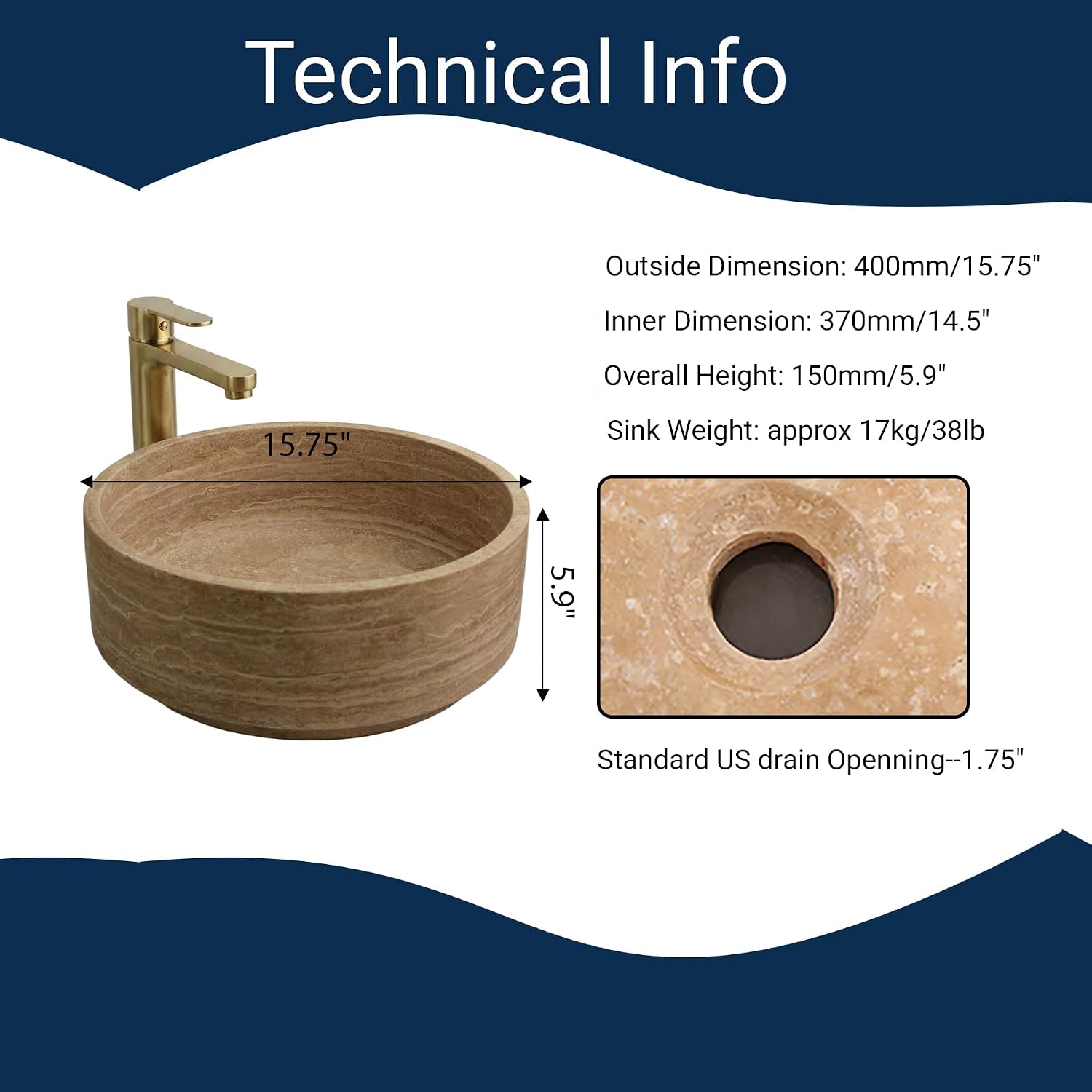 16' Natural Travertine Stone Round Bathroom Vessel Sink,Warm Beige Marble Bathroom Sink, Vanity Bowl Basin