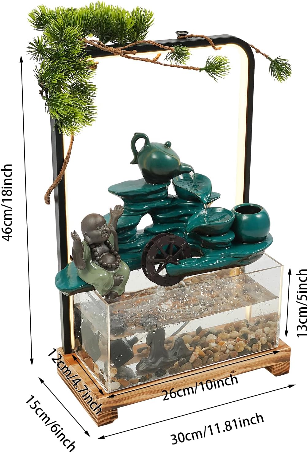 Tabletop Water Fountains, H18in Indoor Waterfall Clear Fish Tank, Backflow Incense Holder Feng Shui Decor for Meditation Living Room, Fish Tank Size W10*D4.7*H5in