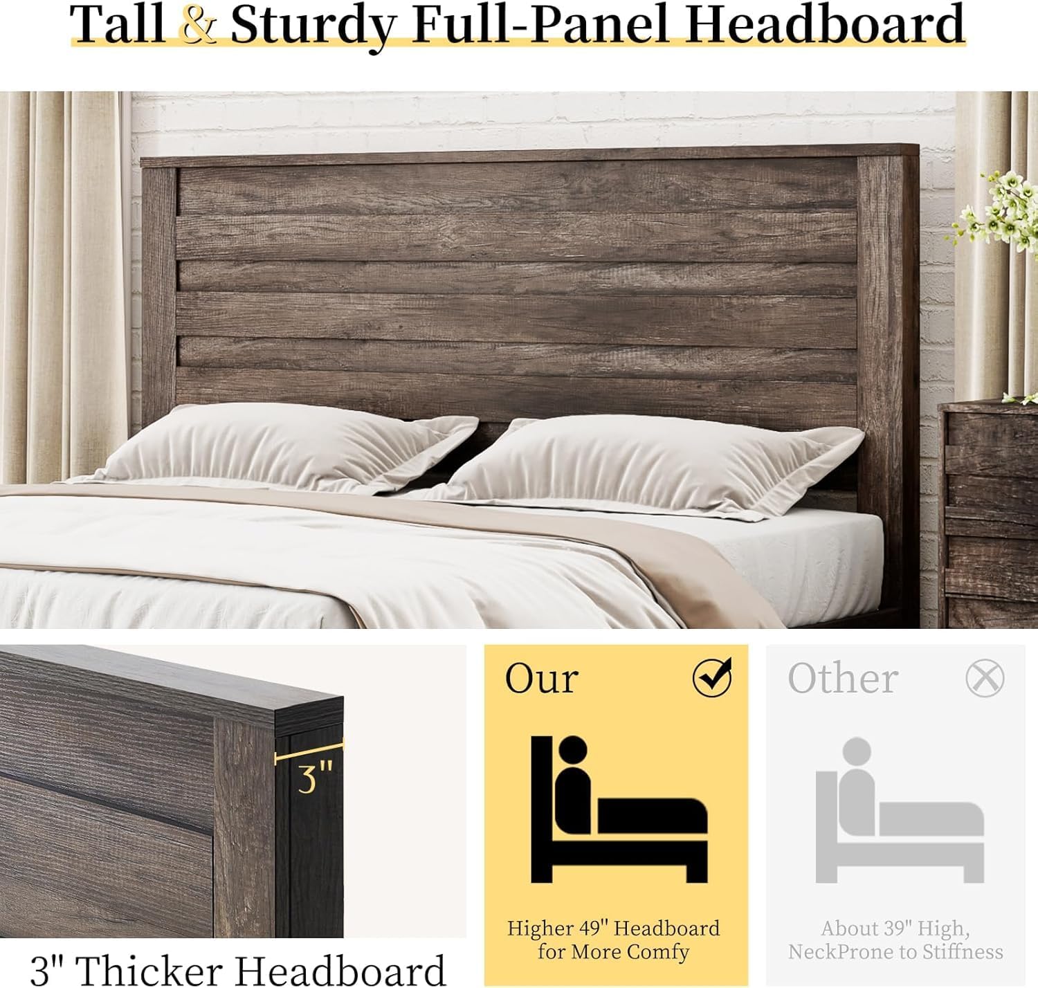 LUXOAK 2 Pcs Bedroom Furniture Sets - Includes 1 X Farmhouse 5 Drawers Dresser, 1X Farmhouse Queen Size Bed Frame with 49' Tall Headboard, Wooden Platform Bed with Hidden Metal Bed Frame, Rustic Grey