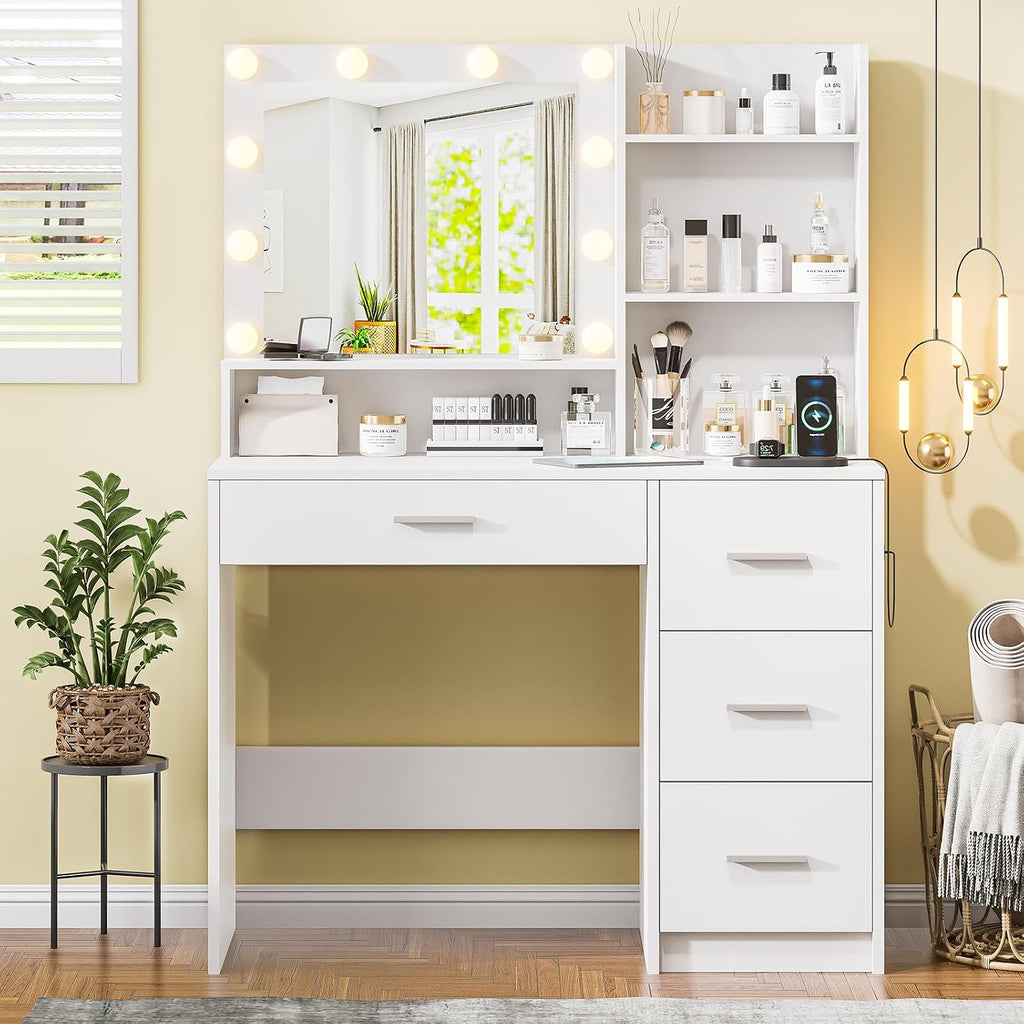Vanity Desk with Lighted Mirror, White Vanity with 4 Drawers,Makeup Vanity with Storage Shelves and Power Outlet,10 Lights with 3 Color Modes Brightness Adjustable for Girls' Bedroom (White)