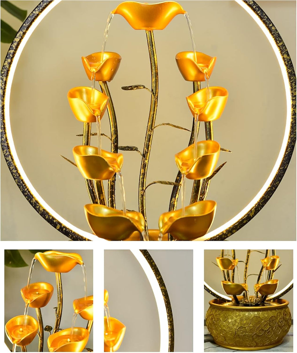 Tabletop Fountain Indoor Fountain Tabletop Waterfall Fountains Relaxation Water Feature Feng Shui Good Luck Wealth Desktop with Light Home and Office Decor, Gold(Large)