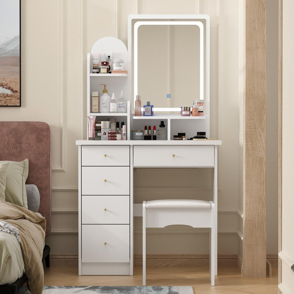 FUFU&GAGA Vanity Set with Rectangular Mirror, Makeup Vanity Dressing Table with 5 Drawers, Shelves, Dresser Desk and Cushioned Stool Set (B White/Lighted Mirror)