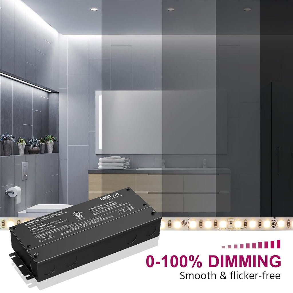 EMITEVER Dimmable Led Driver, 150W AC 110V-277V to DC 24V Transformer, 5-in-1 Dimming: ELV/MLV/TRIAC / 0-10V / 1-10V / 10V PWM/Potentiometer, Waterproof IP67 and UL Listed