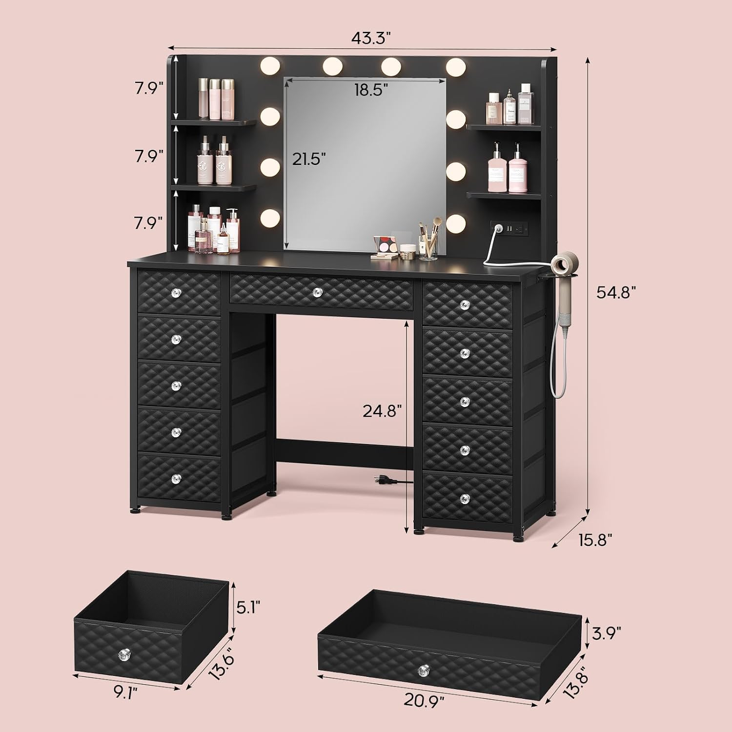 HAUOMS Vanity with Lights and Mirror, 11 Drawer Makeup Vanity with Power Strip, 6 Open Shelves, 43.3' Vanity Desk with Storage, Dressing Table with 3 Color Modes for Bedroom, Women, Girls, Black