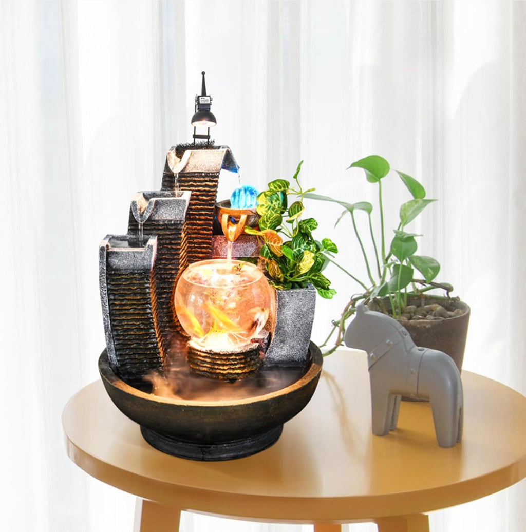 16.93' Indoor Tabletop Fountain with LED Fish Tank, Lighted Crystal Ball & Free 10 Natural Crystals – Water Feature for Home, Office, Entryway & Housewarming Gift (Fish Tank + Spotlight)