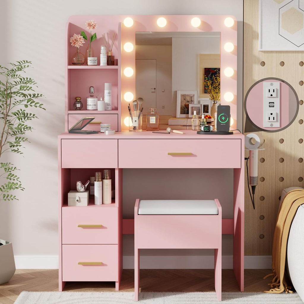 Otterease Vanity Desk with LED Lighted Mirror&Power Outlet, 3 Lighting Colors Makeup Vanity Desk with 5 Large Drawers and 3 Storage Shelves, Pink Vanity with Storage Stool for Bedroom