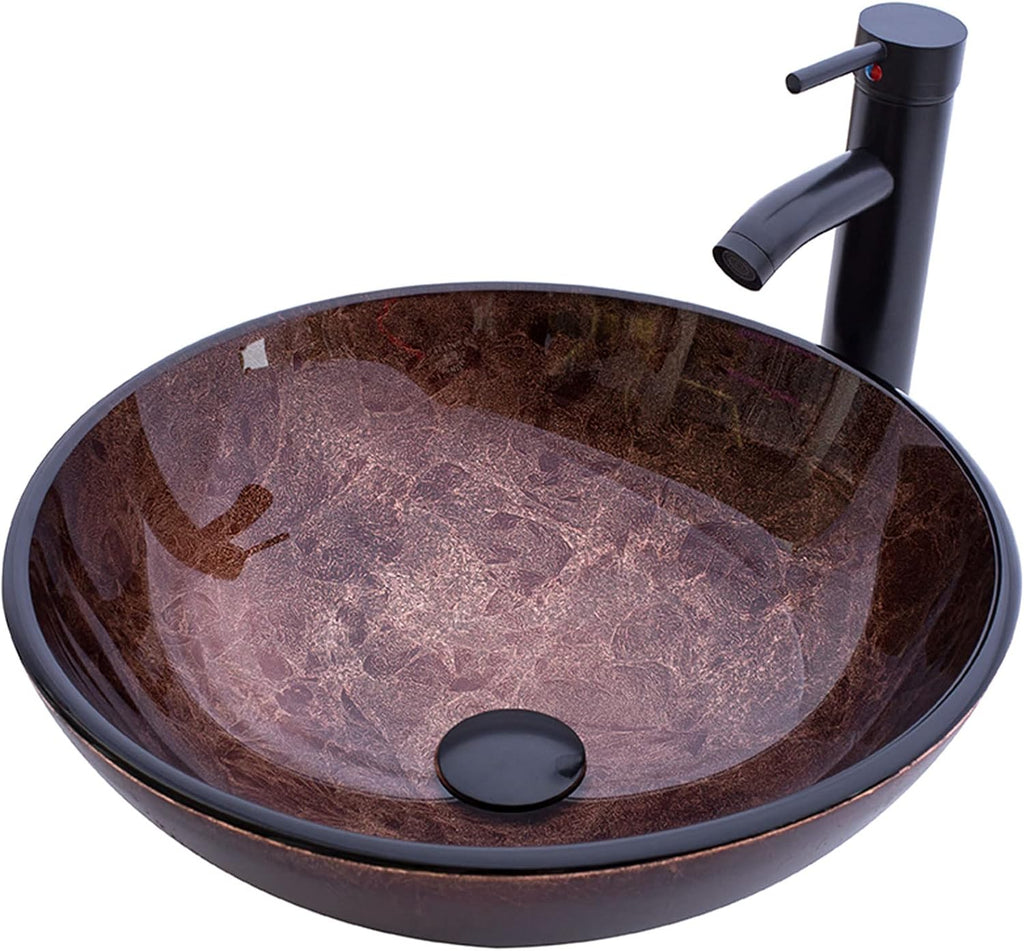 Bathroom Vessel Sink 16.5' Vessel Sinks Tempered Glass Brown Art Basin Round Bowl with Faucet Combo Brown,Countertop Bowl Sink for Lavatory Vanity Cabinet