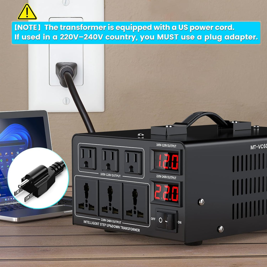 6000W Voltage Converter Transformer(110V to 220V or 220V to 110V) Step Up/Down Converter 110/120 Volt - 220/240 Volt w/US Power Cord,Circuit Breaker Protection, LCD Screen Display