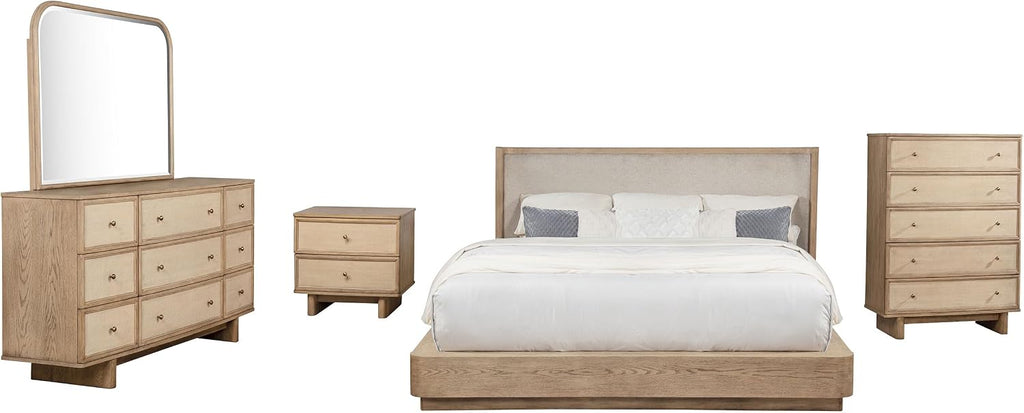 Coaster Home Furnishings Kailani Coastal 5-Piece Bedroom Set Fabric Upholstered Eastern King Size Wingback Bed Frame 49-inch Headboard Beige Oak 225041KE-S5