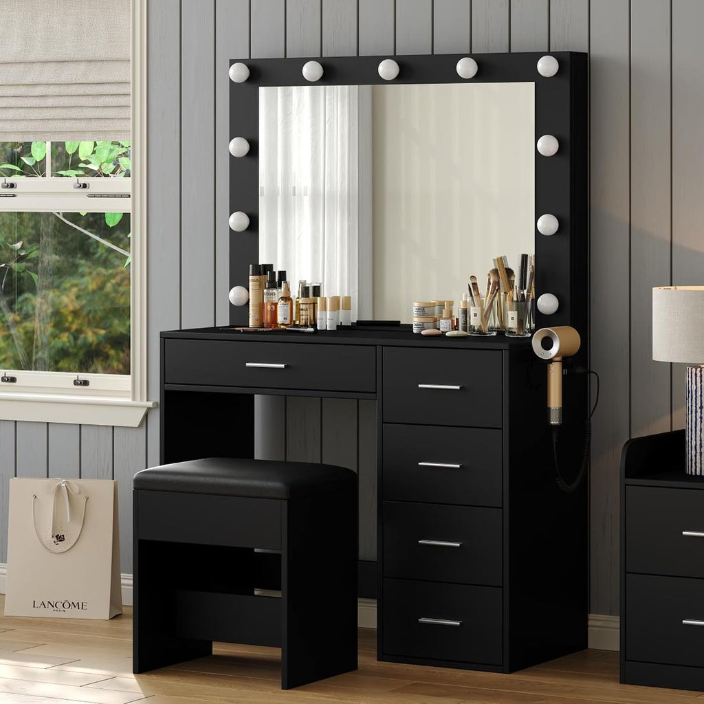 FUSOU Vanity Desk with Power Outlet, 37''W Make Up Vanity with Lighting Mirror, 3 Lighting Modes Adjustable, 5 Drawers Dressing Table for Bedroom, Dressing Room, Live Broadcast Room, Black