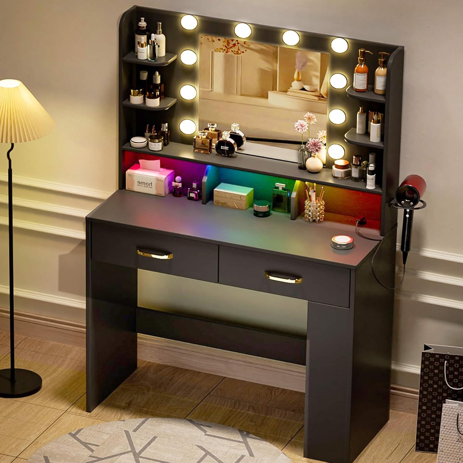 COMHOMA Vanity Desk with Lighted Mirror and Power Outlet, RGB LED Lights Makeup Vanity Set for Girls, Large Storage Capacity Dressing Table for Bedroom, 3 Lighting Modes Adjustable Brightness, Black