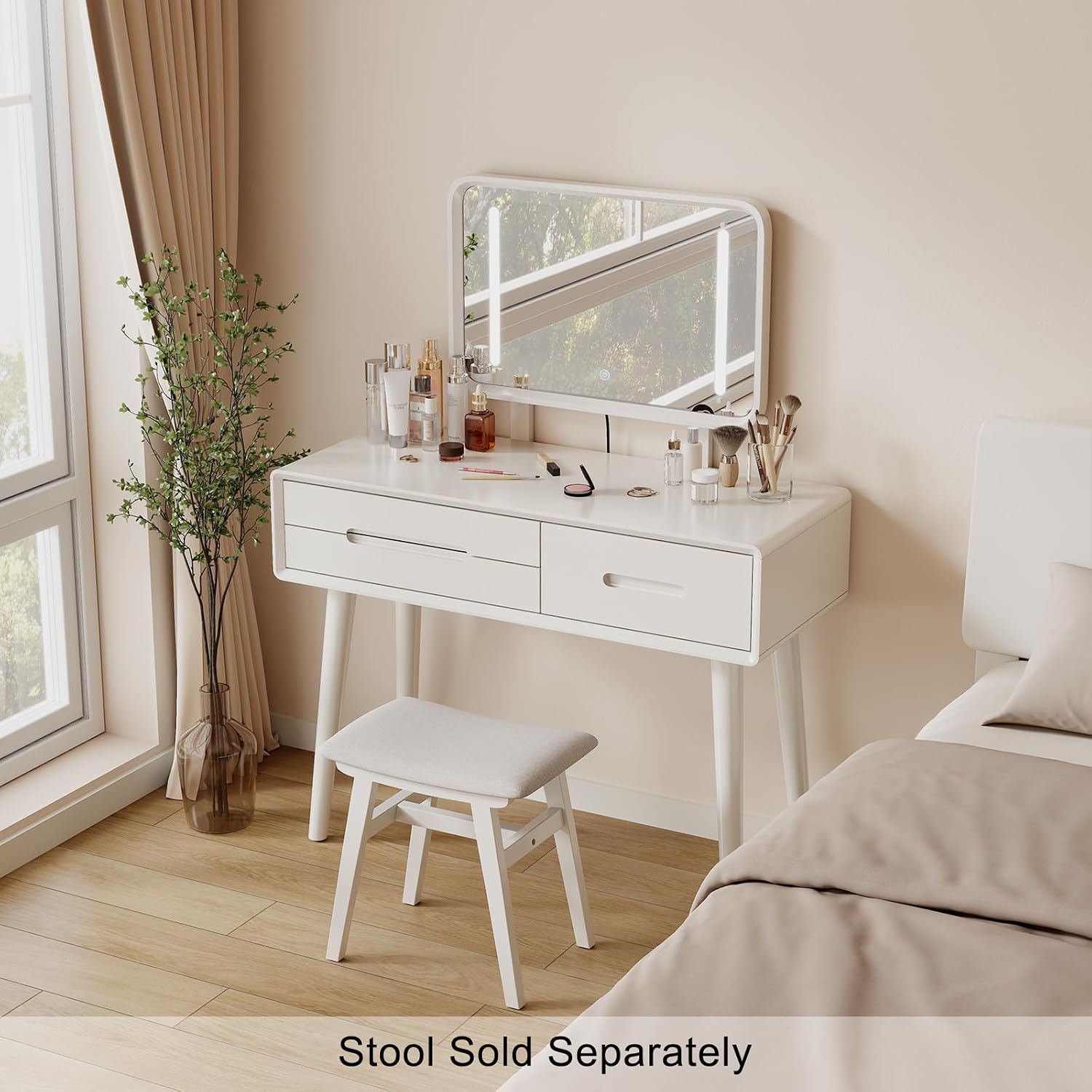 Solid Wood Vanity with Mirror and Lights, Adjustable Brightness, Wood Makeup Vanity with 3 Drawers, Semi-Assembled, Vanity Desk for Bedroom (White)