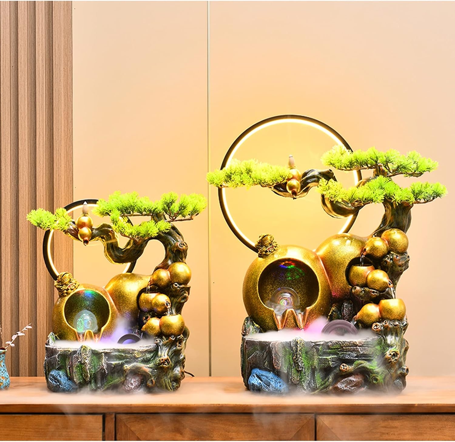 Tabletop Fountain Tabletop Water Fountain Resin Relaxation Meditation Desktop with Golden Gourd and Artificial Bonsai Design, Indoor Waterfall Feature for Home Office Decor(Small)