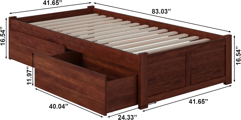 AFI Concord Twin XL Size Platform Bed with Footboard & Storage Drawers in Walnut