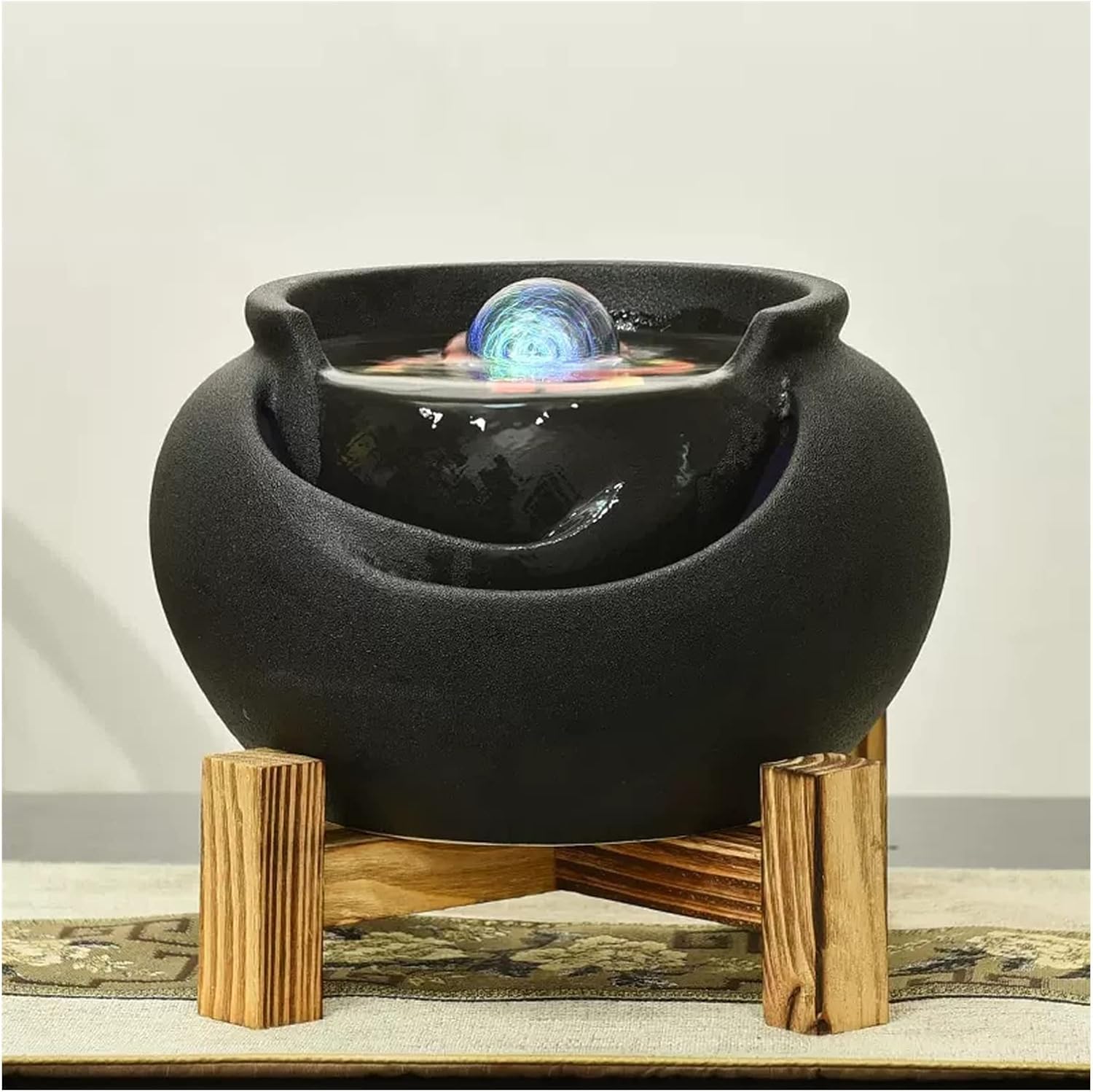 Desktop Fountain Ceramic Tabletop Fountain Home Decor Office Patio Pot for Indoor Use, Black