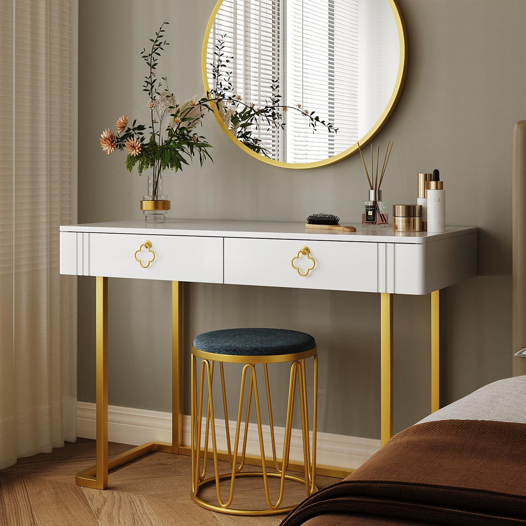 Tamworth Design White Vanity Desk with 2 Drawers, Gold and White Desk,Home Office Desk Modern Makeup Vanity Table, Entryway Console Table, Sofa Table (Deluxe Leg)