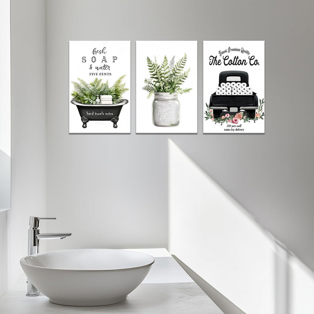 3 Piece Farmhouse Bathroom Decor Wall Art-Rustic Bathroom Canvas Print for Country Room Wall Decor, Rustic Botanical Bathtub Bathroom Decor, Vintage Framed Botanical Artwork for Bathroom 20'x30'x3Pcs