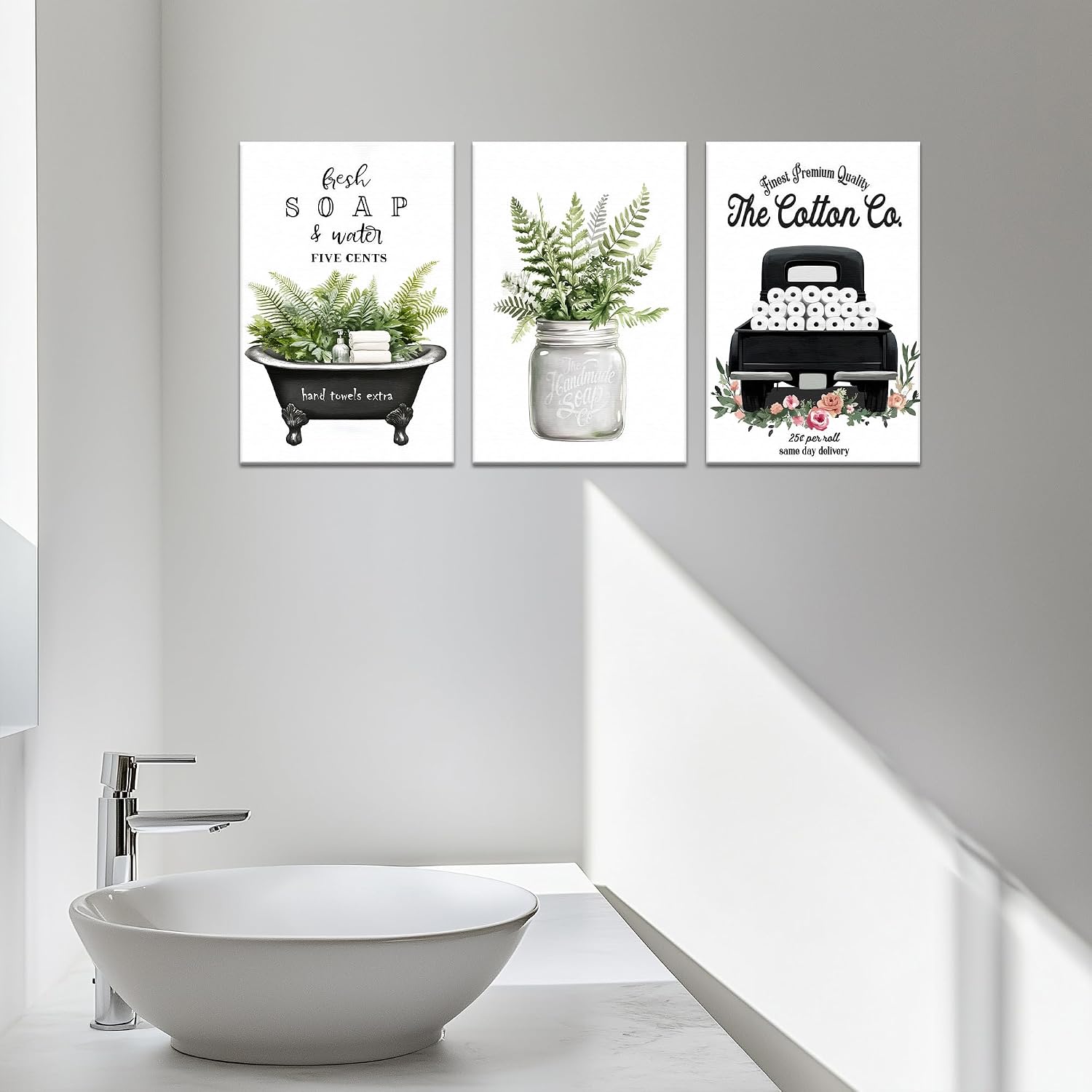 3 Piece Farmhouse Bathroom Decor Wall Art-Rustic Bathroom Canvas Print for Country Room Wall Decor, Rustic Botanical Bathtub Bathroom Decor, Vintage Framed Botanical Artwork for Bathroom 20'x30'x3Pcs