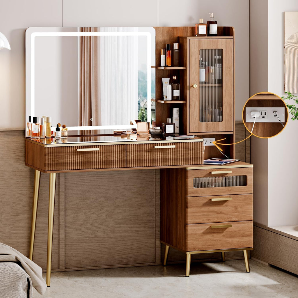 Arulvmrn Vanity Desk with 29.53' HD Lighted Mirror, 47.24' Big Modern Vanity Desk with Mirror and Lights, Makeup Vanity with 5 Drawers and Storage Shelves and Charging Station,Brown1
