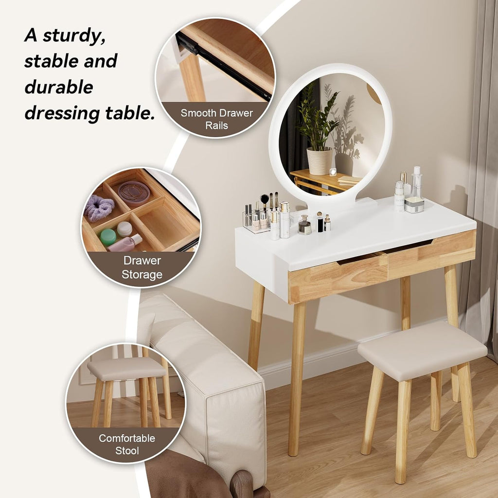 YOURLITE Makeup Vanity Desk with Lights,Small Vanity with Adjustable Brightness Mirror for Small Spaces, Dressing Table with Drawers (31.5', Circular Mirror Wood)