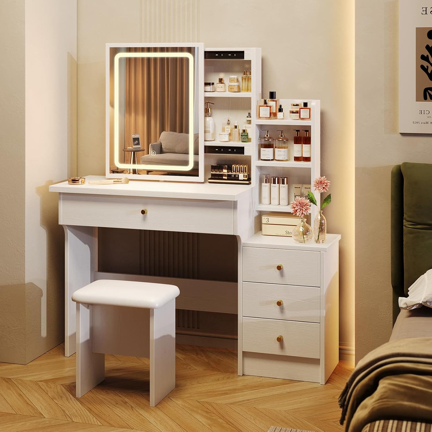 Memobarco Vanity Desk with Mirror and Lights, Makeup Vanity with 3 Adjustable Lighting Modes, Small Vanity Desk with Sliding Mirror, 4 Drawers, 7 Shelves, Vanity Chair for Bedroom White