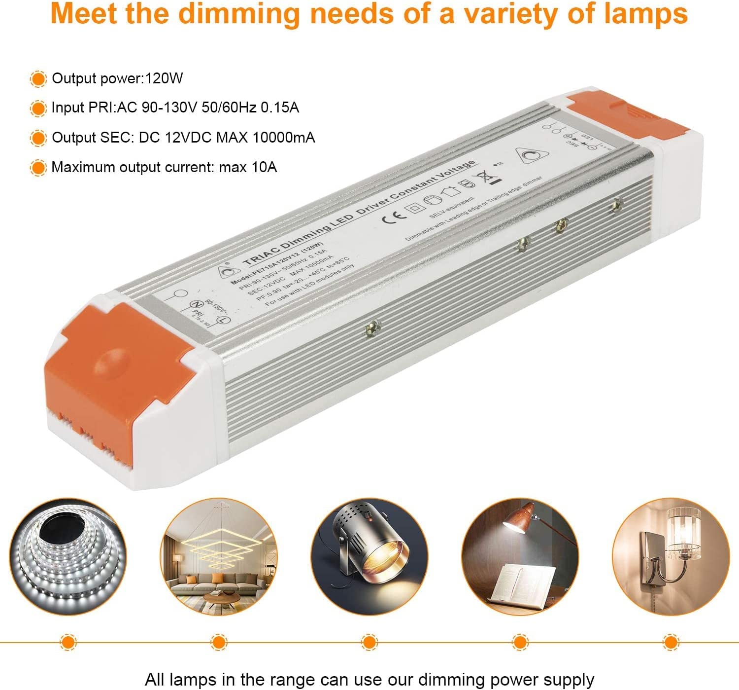 LED Dimmable Driver 120W 12V Quiet Operation Universal Regulated 12V DC Dimmable Power Supply Low Voltage Transformer for Constant LED Strip Lights 2 Pack
