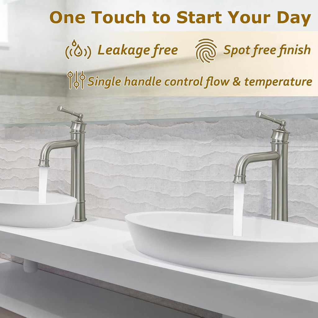 Tall Bathroom Faucet Brushed Nickel, Antique Design, Single Handle, 1 Hole Sink Mount, Pop Up Drain & Supply Lines Included, Ideal for Vessel, Vanity, Lavatory, RV, Farmhouse (L2302-BN)