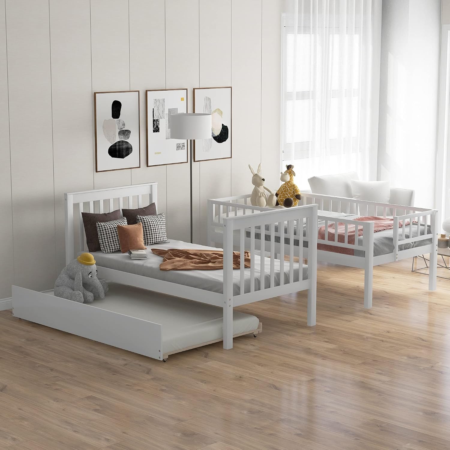 Solid Wood Twin Over Twin Bunk Bed with Trundle, Staircase, 4 Storage Shelves and Guard Rail, Can be Split Into 3 Separate Beds, No Box Spring Needed (White+3 Bed)