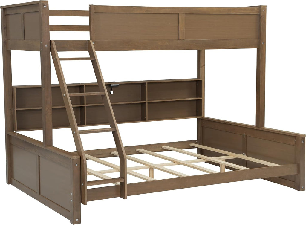 RUNNA Twin XL Over Queen Bunk Bed with Storage Cabinets and USB Ports, Solid Pine Wood Frame, Safety Guard Rails, No Box Spring Needed (Wood1, Twin XL Over Queen)