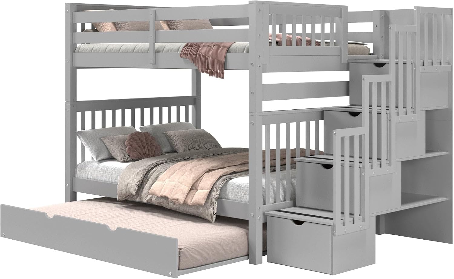 Bedz King Stairway Bunk Beds Full Over Full, 4 Step Drawers, Full Trundle, Gray