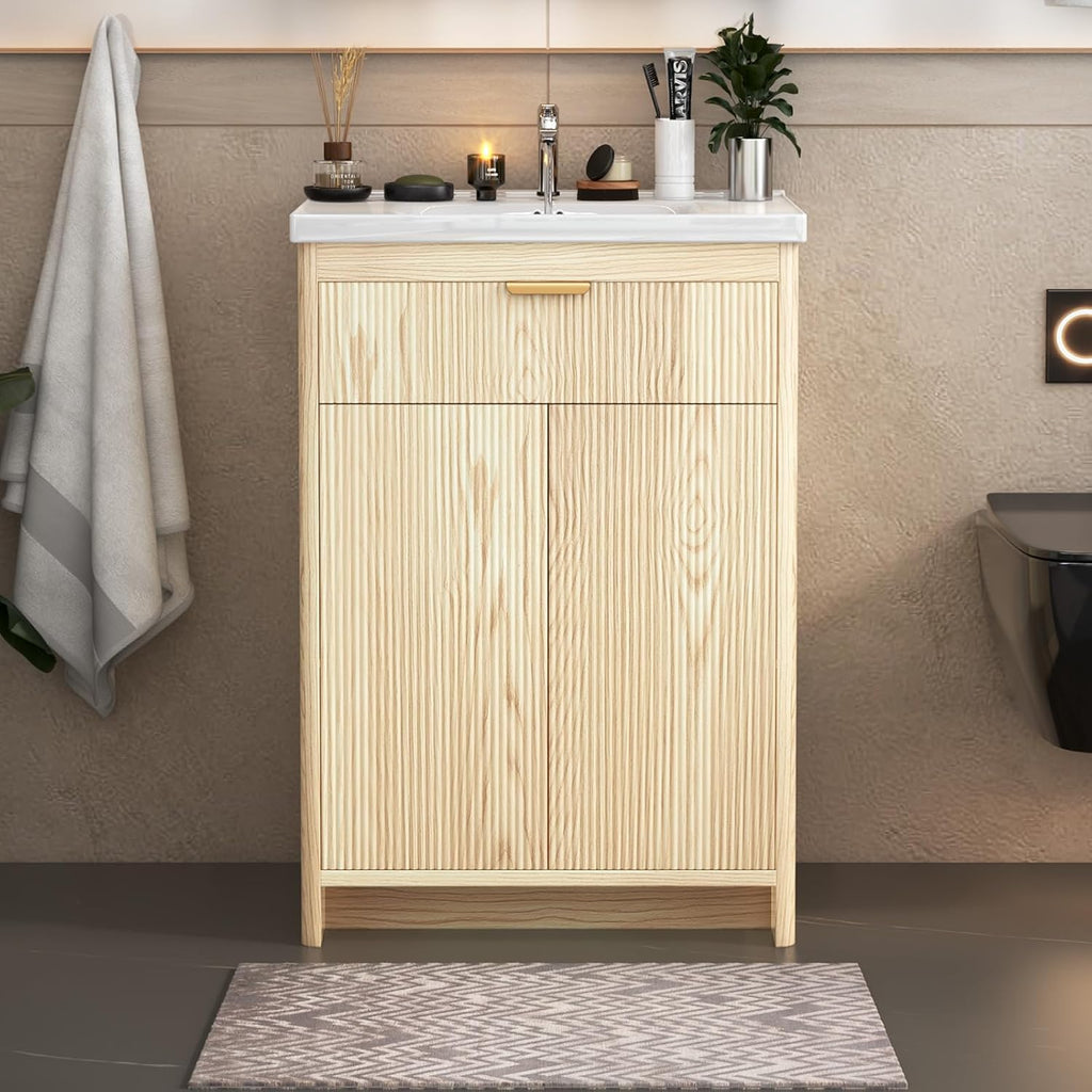 24'' Bathroom Vanity with Ceramic Single Sink Combo, Small Freestanding Bathroom Storage Vanity Cabinet with Drawer & Cabinet, Metal Handle，Natural Oak