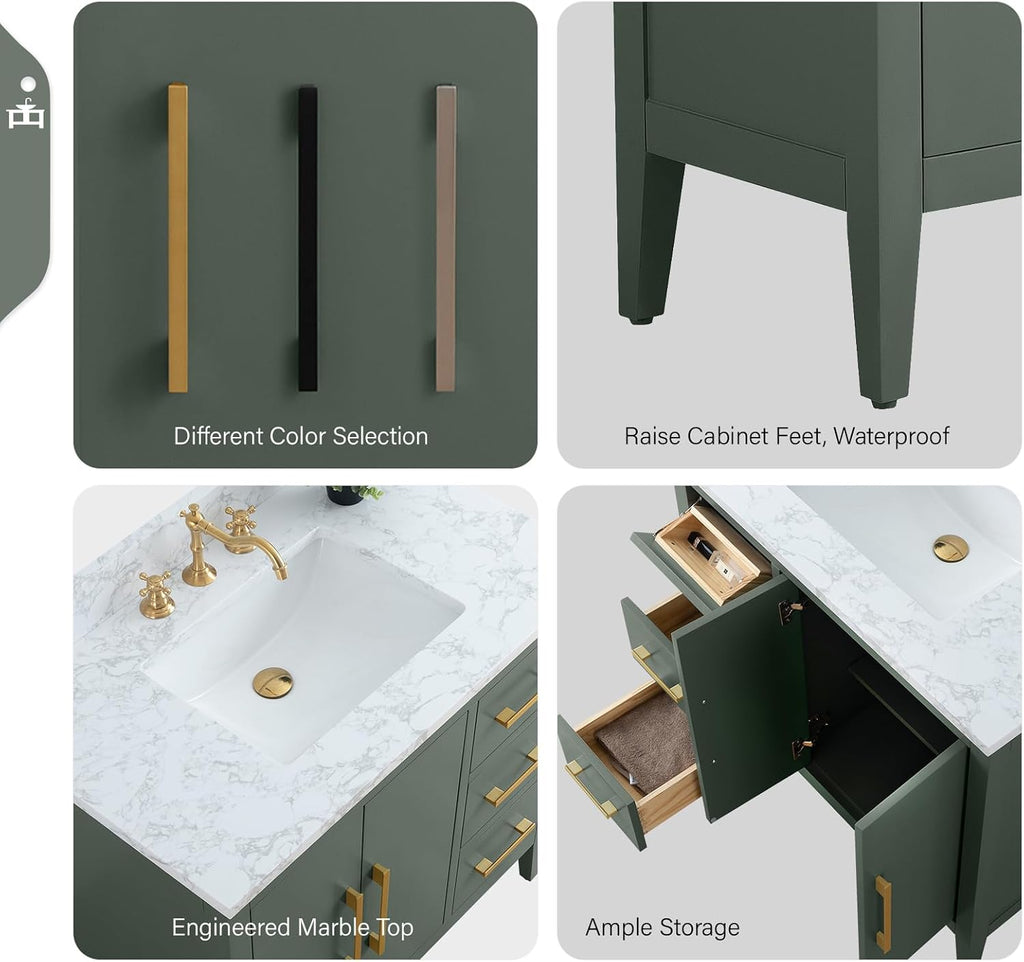 Vanity Art 36 inch Bathroom Vanity with Single Sink & Ceramic Top, Vanity Cabinet with Soft-Closing Doors, Drawers, Solid Wood Frame, Vintage Green, VA9036-VG-BN1