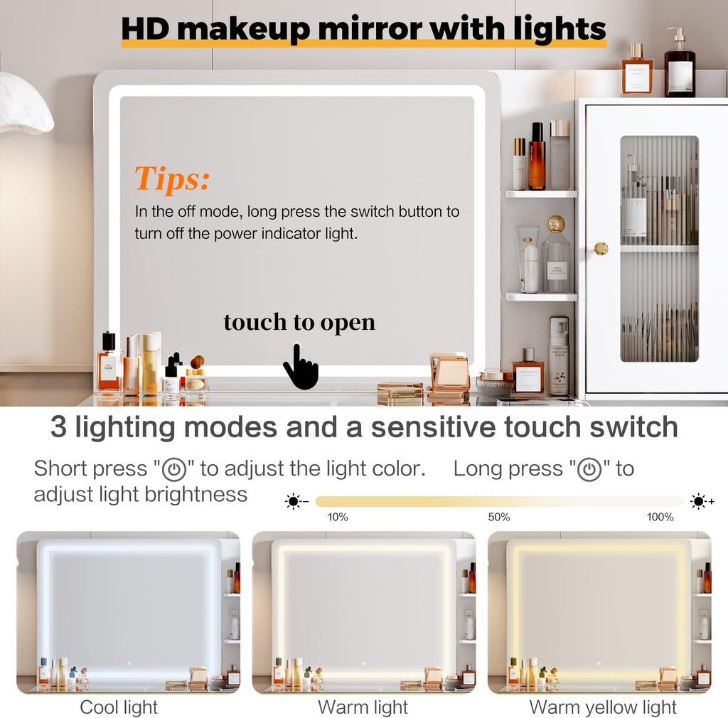 Arulvmrn Vanity Desk with 29.53' HD Lighted Mirror, 47.24' Big Modern Vanity Desk with Mirror and Lights, Makeup Vanity with 5 Drawers and Storage Shelves and Charging Station, White