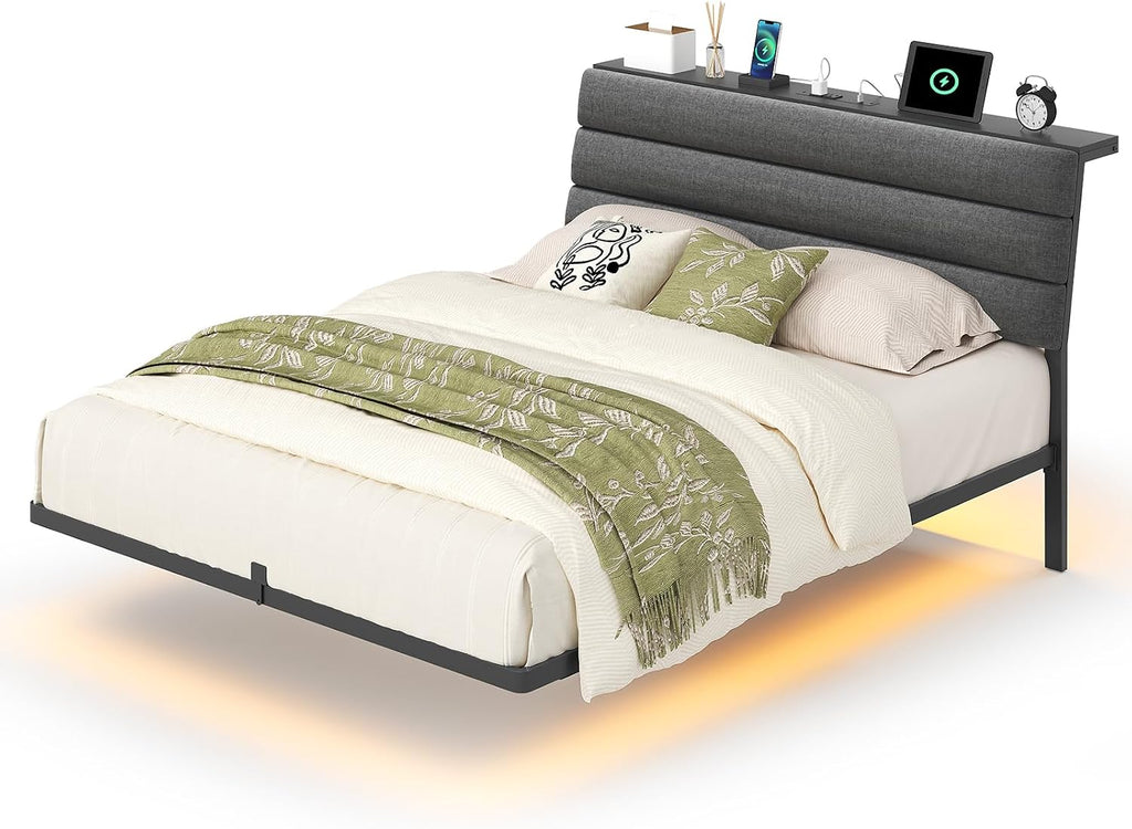 Floating Bed Frame Queen, Platform Bed with LED Lights & Charging Station, Ergonomic Storage Headboard, Heavy Duty Metal Slats, No Box Spring Needed, Easy Assembly, Dark Gray